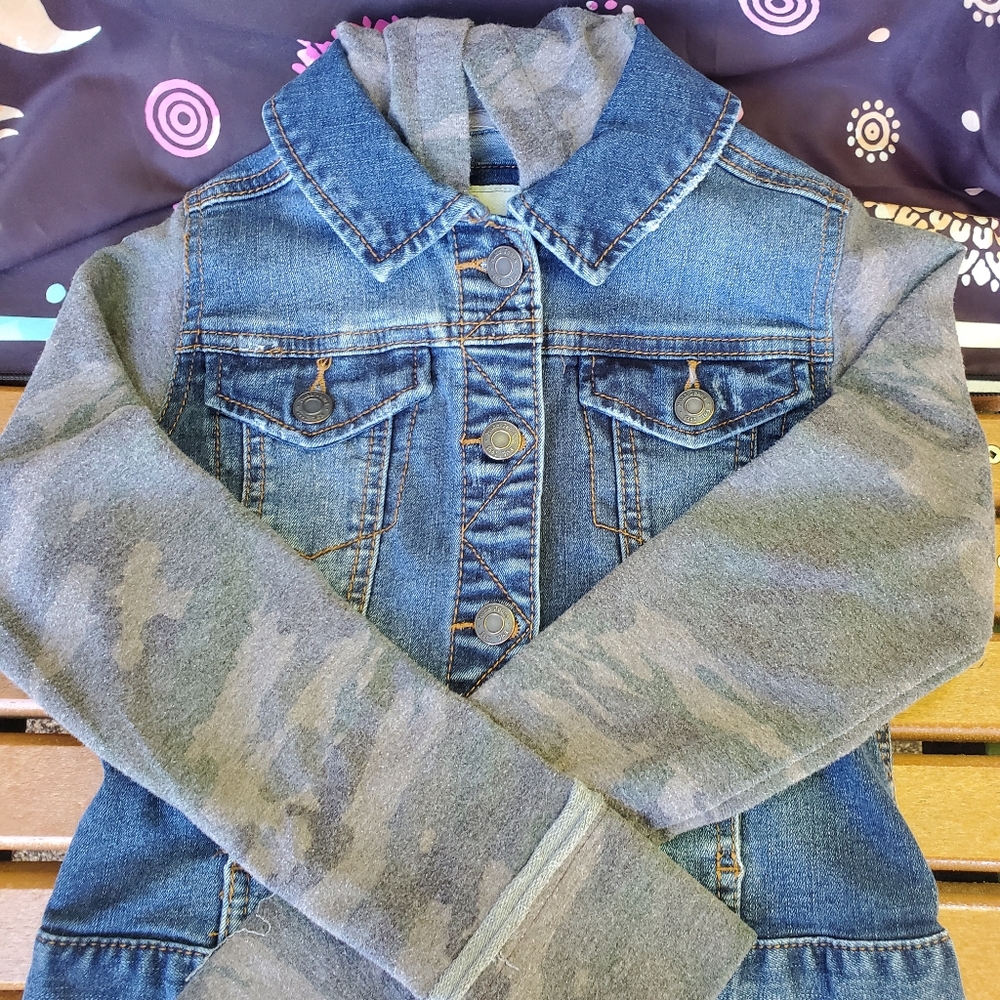 Mudd Kids Blue Denim Jacket with Gray Hoodie Sleeves